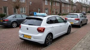 Lesauto van Rijschool Succeed geparkeerd langs de stoep in een woonstraat
