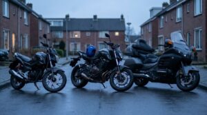 Drie motoren naast elkaar: een lichte A1-motor, een middelzware A2-motor en een zware motor voor rijbewijs A